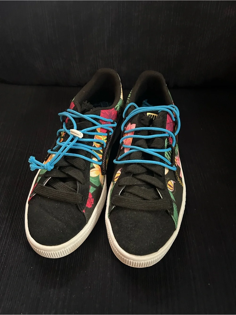 Puma Black Floral Sneakers with Bright Blue Laces
